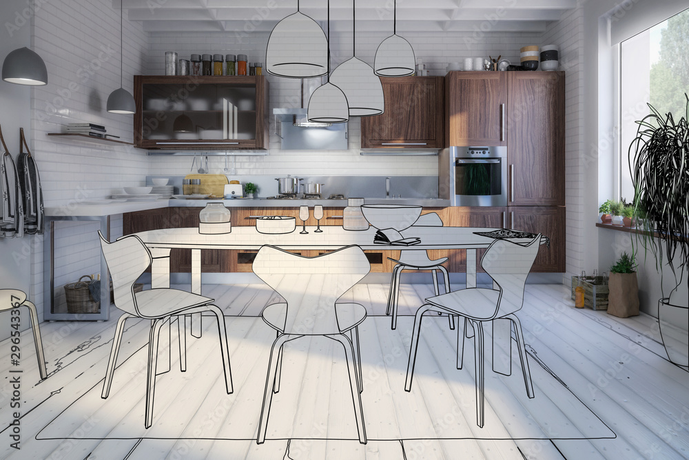 Modern Kitchen Arean with Dining Room Integration (illustration) - 3d visualization