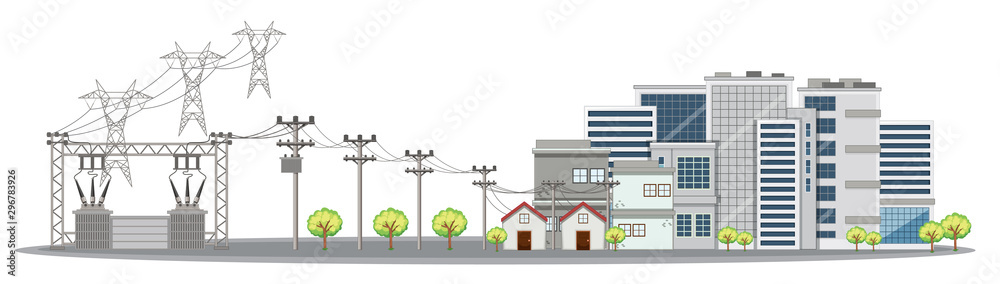 城市中的电线杆和建筑物