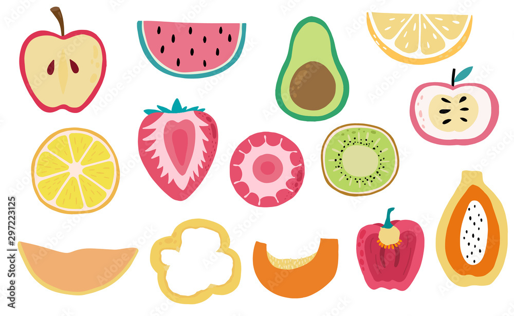 西瓜、柠檬、苹果、猕猴桃、鳄梨的可爱新鲜水果实物集。矢量插图fo