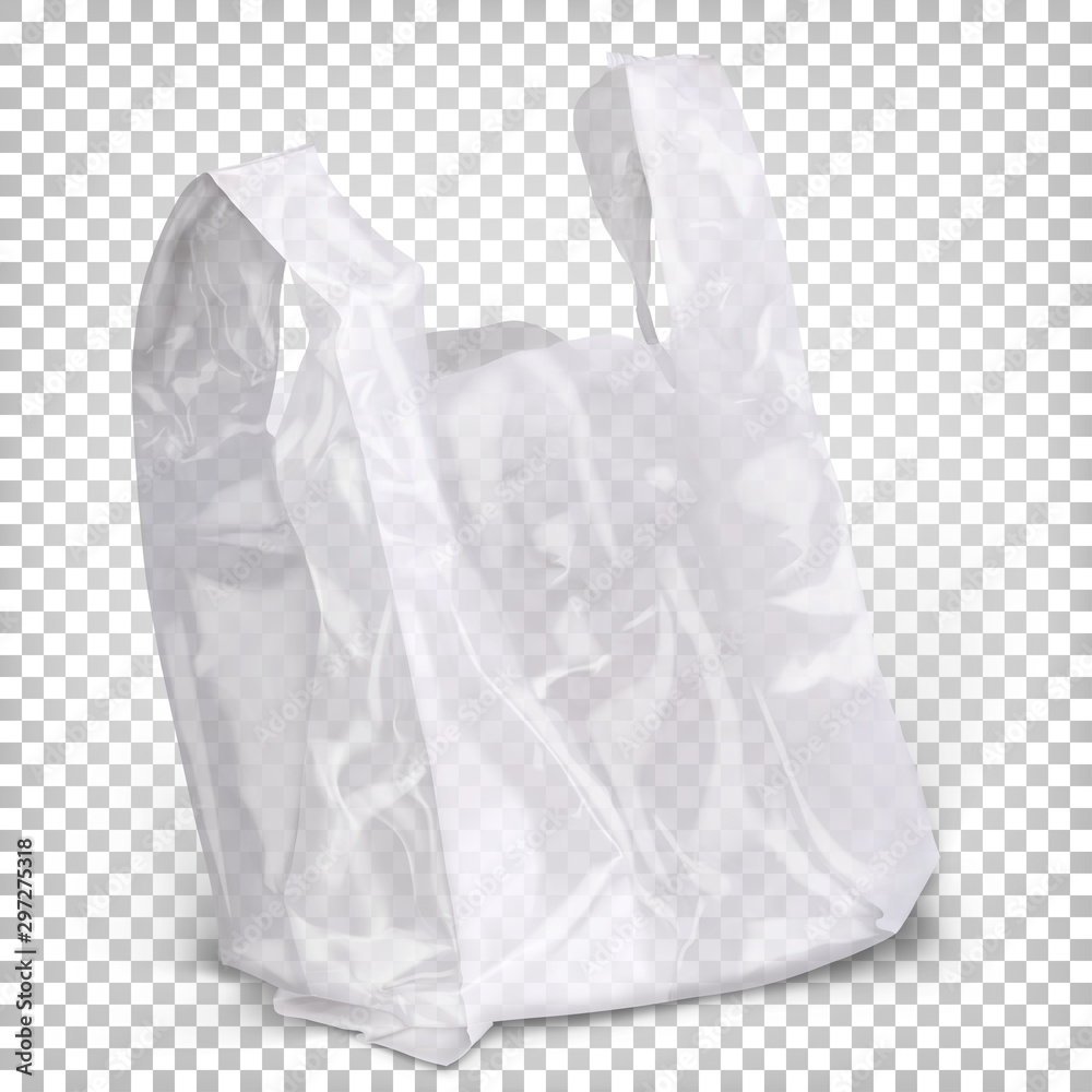 白色透明色塑料袋立在表面。矢量三维逼真插图iso