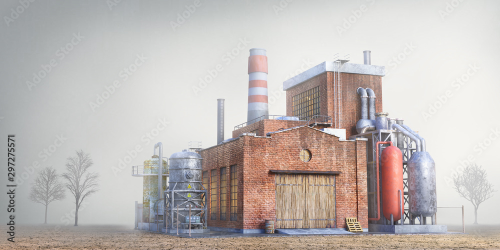 污染概念。灰色背景下的老工厂。工业。3d插图