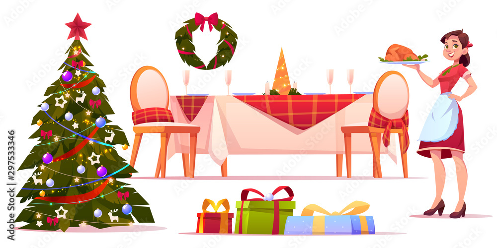 圣诞晚餐套装，快乐女人拿着装有火鸡的托盘，餐桌上摆放着节日餐具，花色