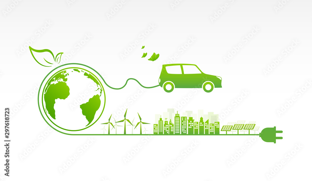 汽车环保和环境绿色城市的可持续发展理念，矢量插图