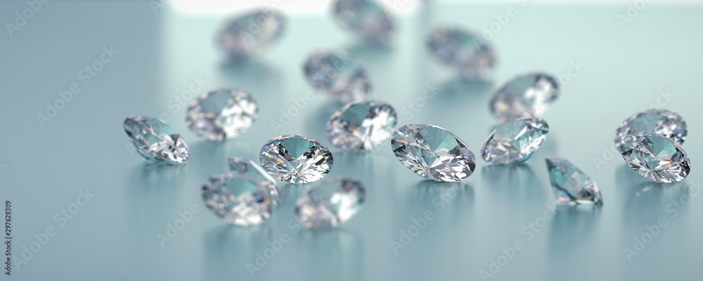钻石组放置在蓝色背景上，三维插图。