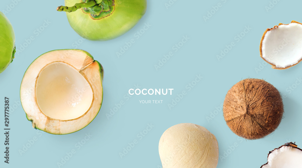 椰子制成的创意布局。热带平面布局。食品概念。