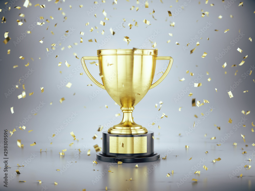 First place gold trophy cup with falling golden confetti. Award ceremony concept. 3d rendering