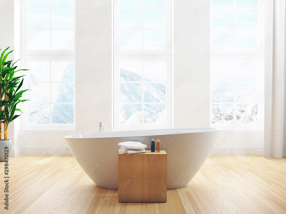 带浴缸的现代浴室，豪华公寓。三维渲染