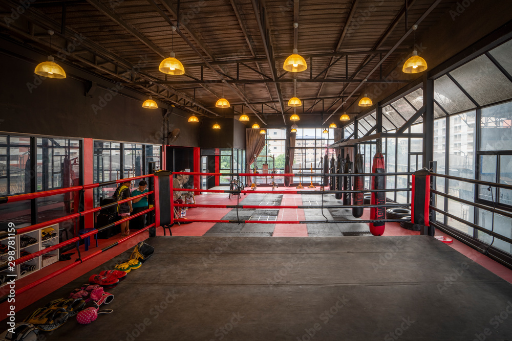 Kickboxing gym, nobody in boxing sport club and fitness center