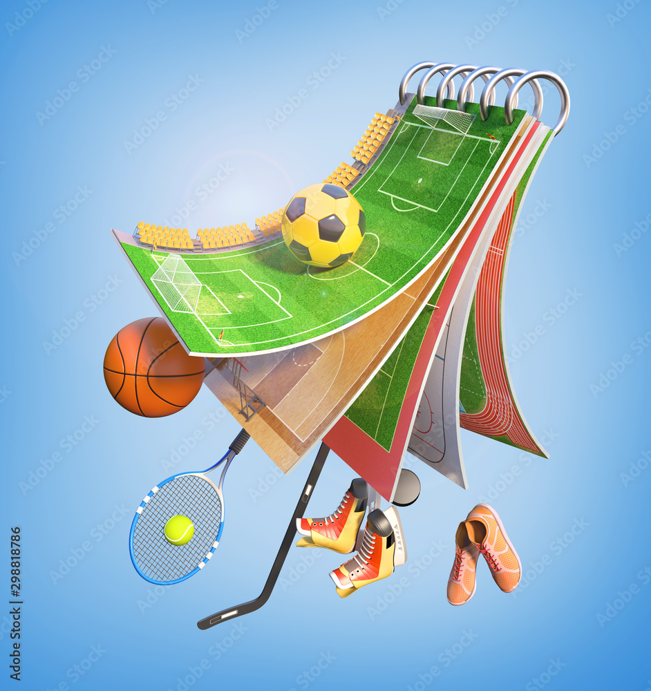 Sport concept. Different sports fields on a piece of ground with sport equipment. 3d illustration