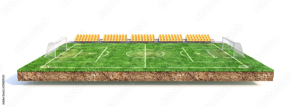 运动概念。白色背景下一块隔离地面上的足球场。三维插图