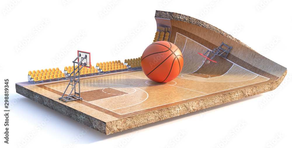 运动概念。白色背景下一块隔离地面上的篮球场。3d插图
