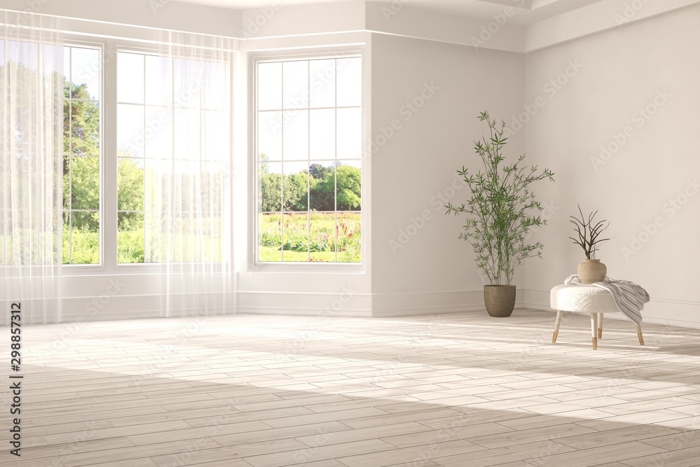 白色时尚房间的模型，扶手椅和窗户上的绿色景观。斯堪的纳维亚风格