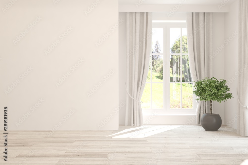 时尚的白色空房间，窗户里有夏季景观。斯堪的纳维亚室内设计。3D