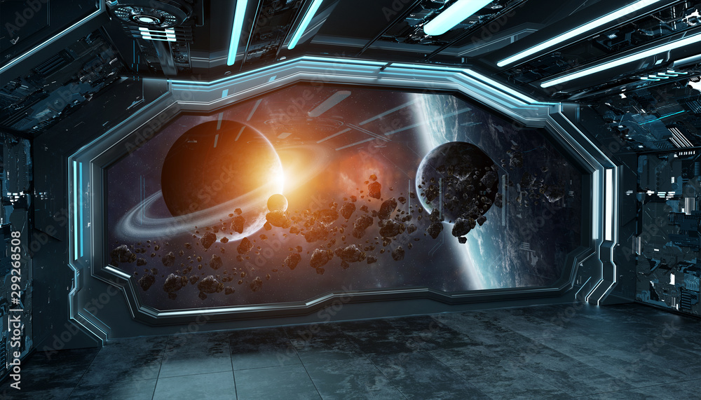 深蓝色太空船未来主义内饰，可通过窗户观看太空和行星的三维渲染