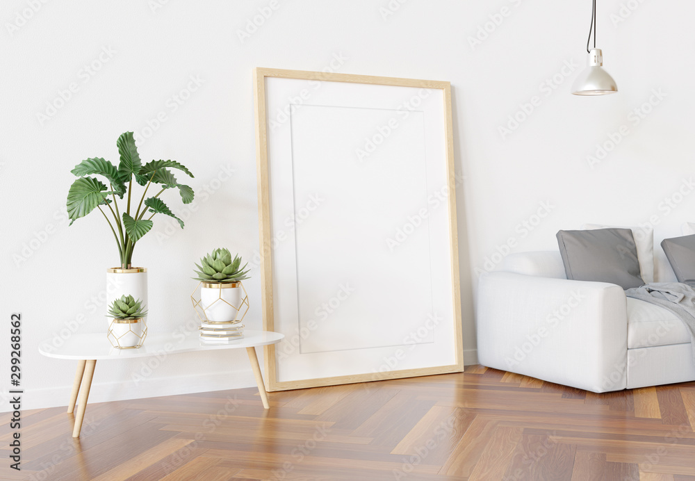 木框架靠在明亮的白色客厅里，客厅里有植物和装饰品，模型3D渲染