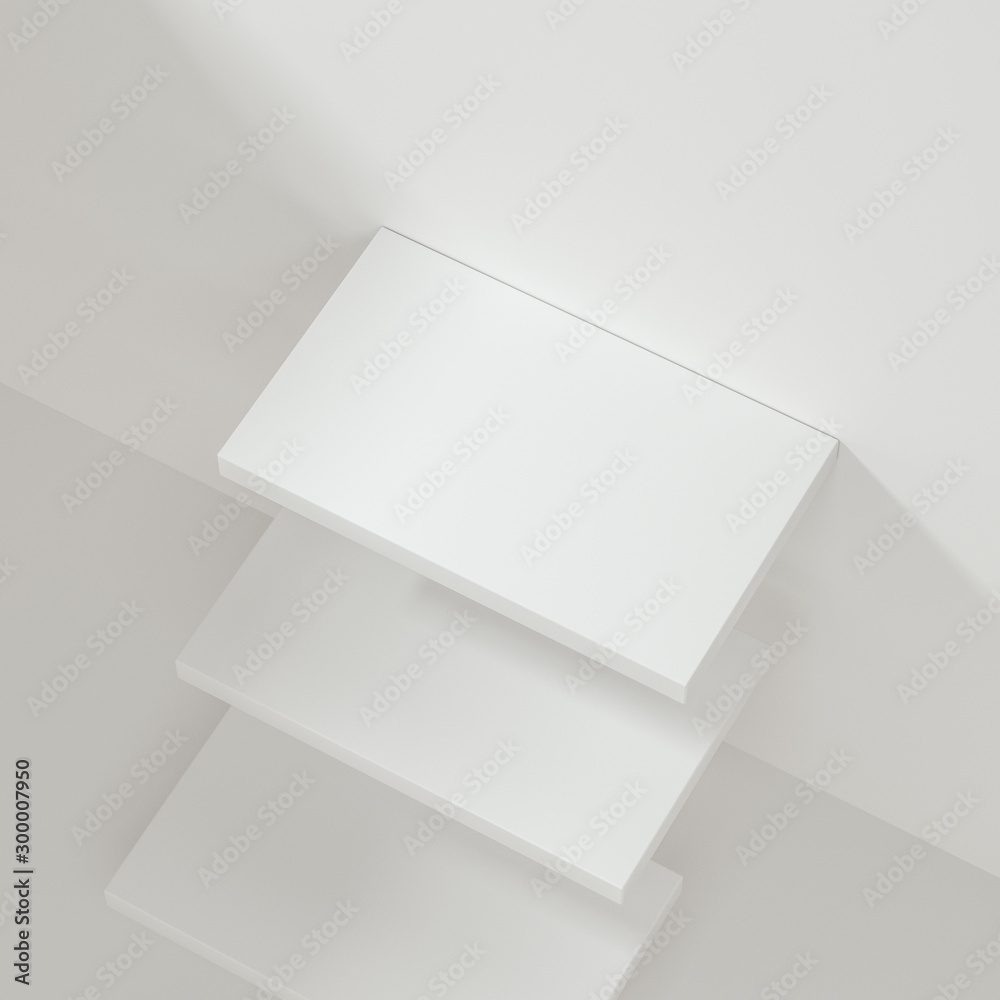 空房间里的白色空立方体架子，三维渲染。