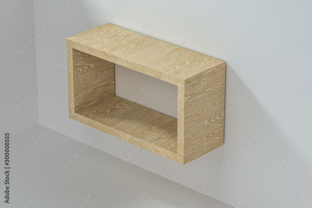 Empty wooden cube shelf in the empty room, 3d rendering.