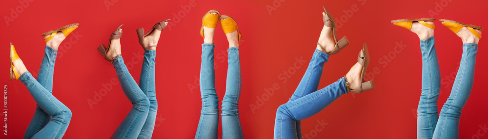 彩色背景时尚鞋中年轻女性的腿部衣领