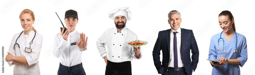 Collage with people of different professions on white background