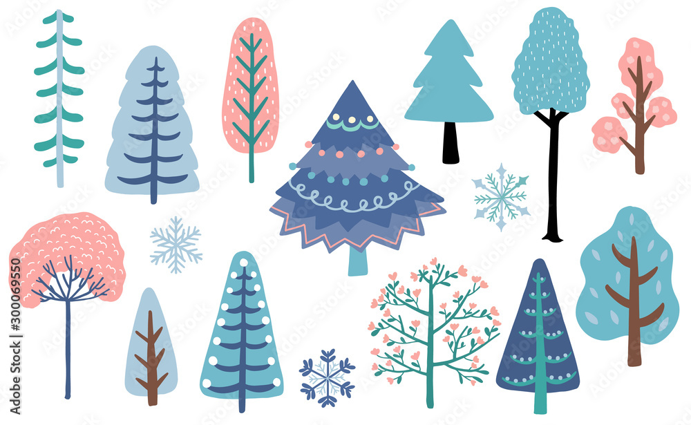 冬季树套装，带有蓝色、棕色、粉色插图，用于贴纸、明信片、背景、圣诞邀请函