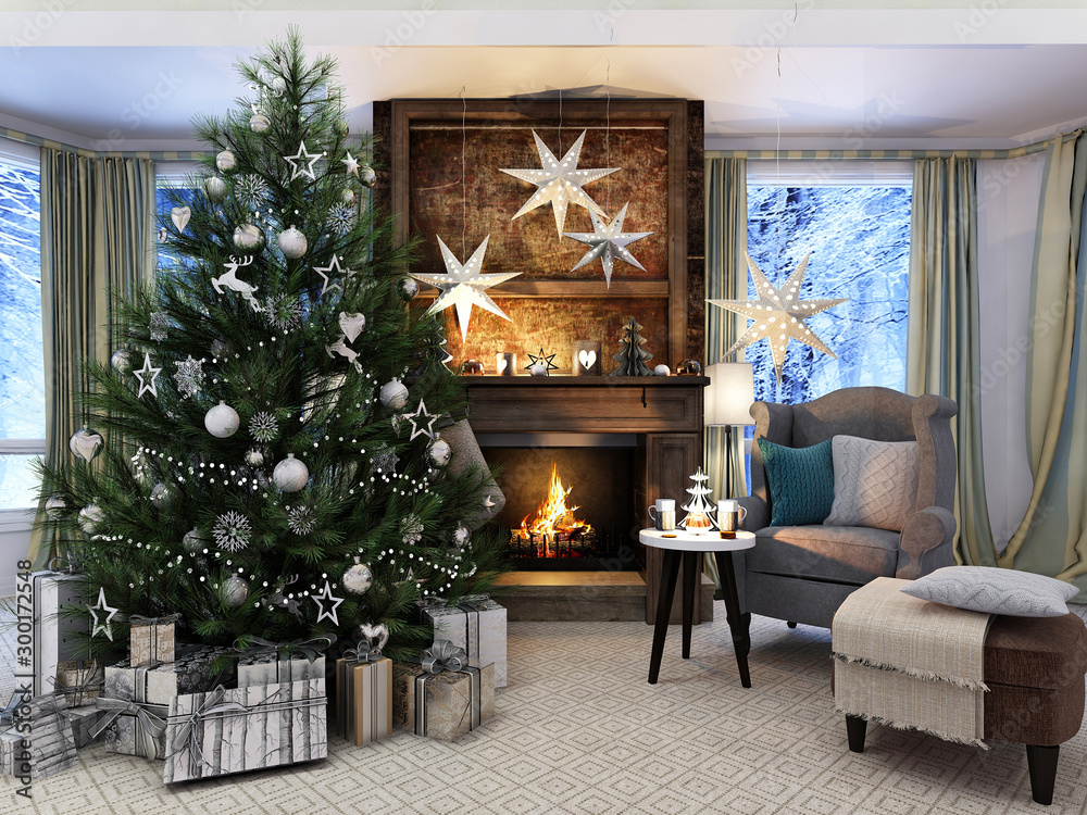 带有圣诞装饰的斯堪的纳维亚风格室内新年树