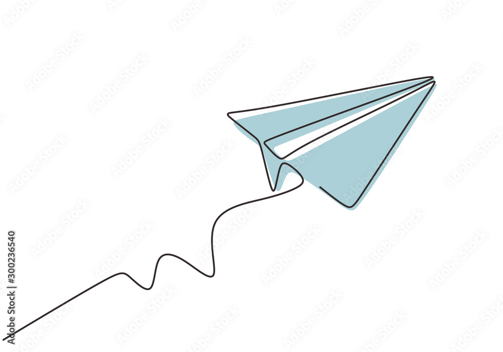 纸飞机的连续线条绘制。工艺飞机商业隐喻手绘草图极简主义