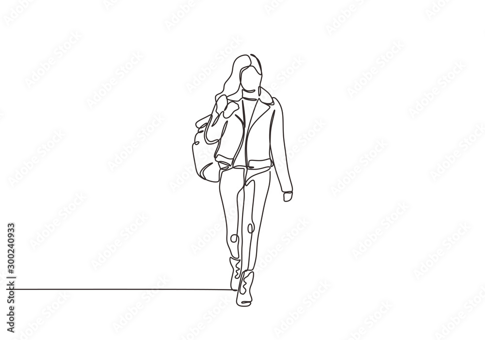 大学女生行走矢量极简主义的连续单线图。背着包的年轻女性行走