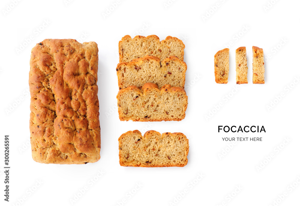 Creative layout made of focaccia on the white background. Flat lay. Food concept. Focaccia on the wh