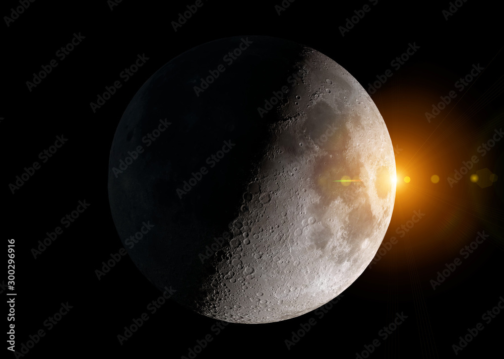 美国国家航空航天局提供的带有恒星的半个月球在太空中的视图该图像的3D渲染元素