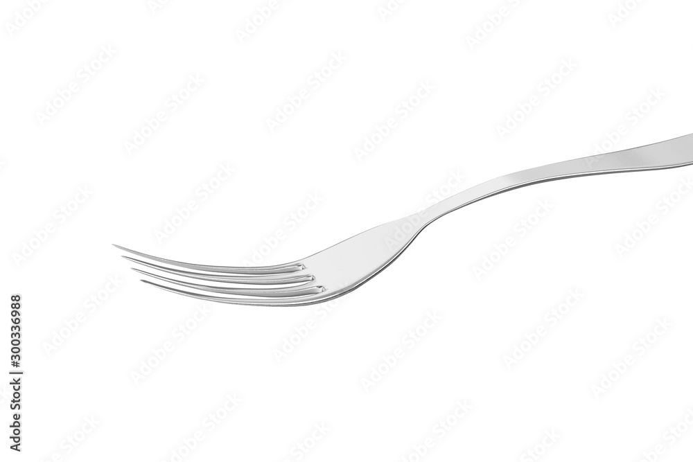 白色背景的钢叉，厨房用具，3D插图。