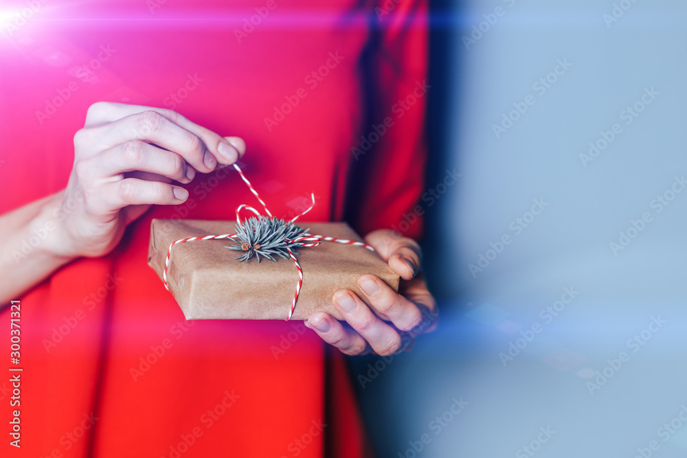 一位身穿红色连衣裙的女士手里拿着一份小圣诞礼物，用牛皮纸包着，上面写着wh
