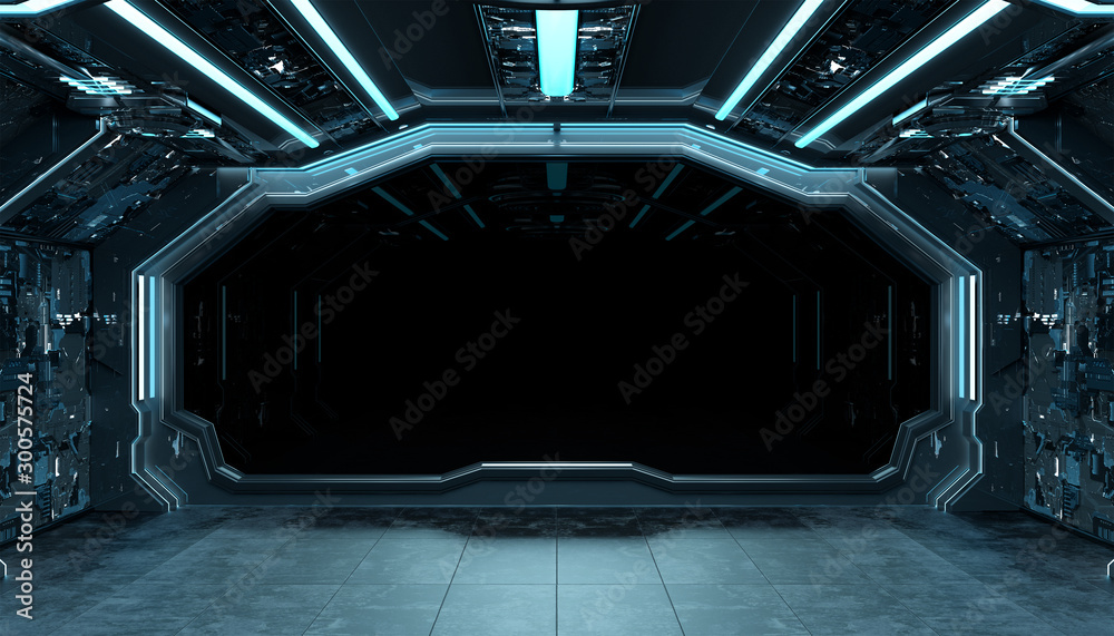 带窗户三维渲染的深蓝色太空船未来主义室内模型