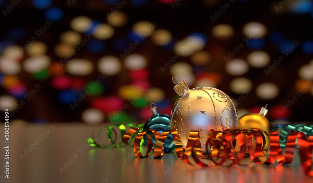 带有模糊夜晚背景的多色缎带蝴蝶结的圣诞装饰装饰球。3D渲染