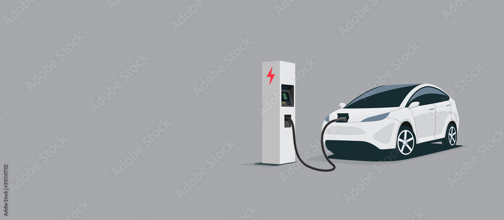 Vector illustration of a smart luxury white electric plug car charging at the electro charger statio