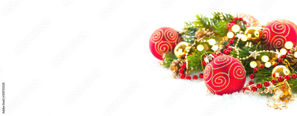 Red Christmas and New Year Decoration isolated on white background. Border art design with holiday b