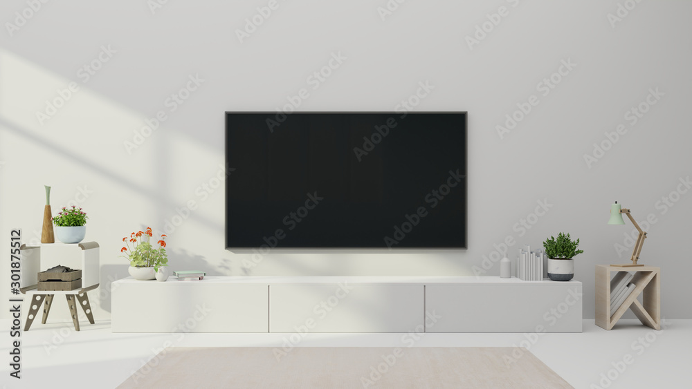 现代客厅橱柜上的电视，白墙背景是植物。