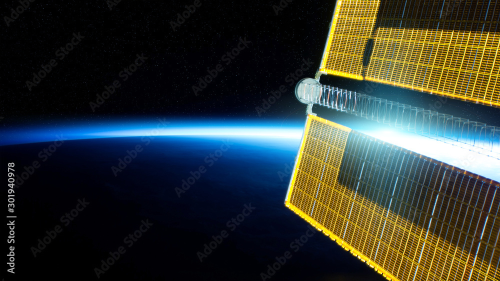日出期间从空间站窗口观看地球地平线的视图，3D渲染t元素