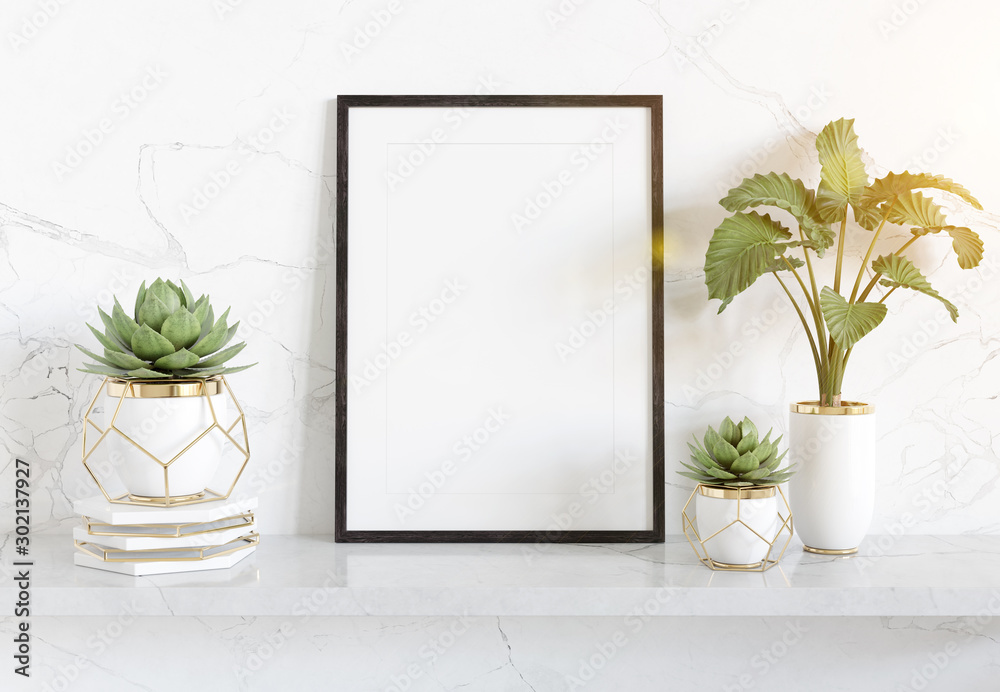 Black frame leaning on white shelve in bright interior with plants and decorations mockup 3D renderi