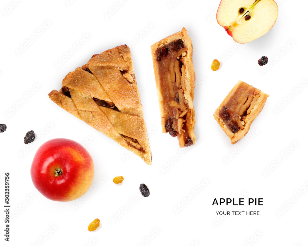 白底苹果派创意布局。平面布局。食品概念。宏观概念。