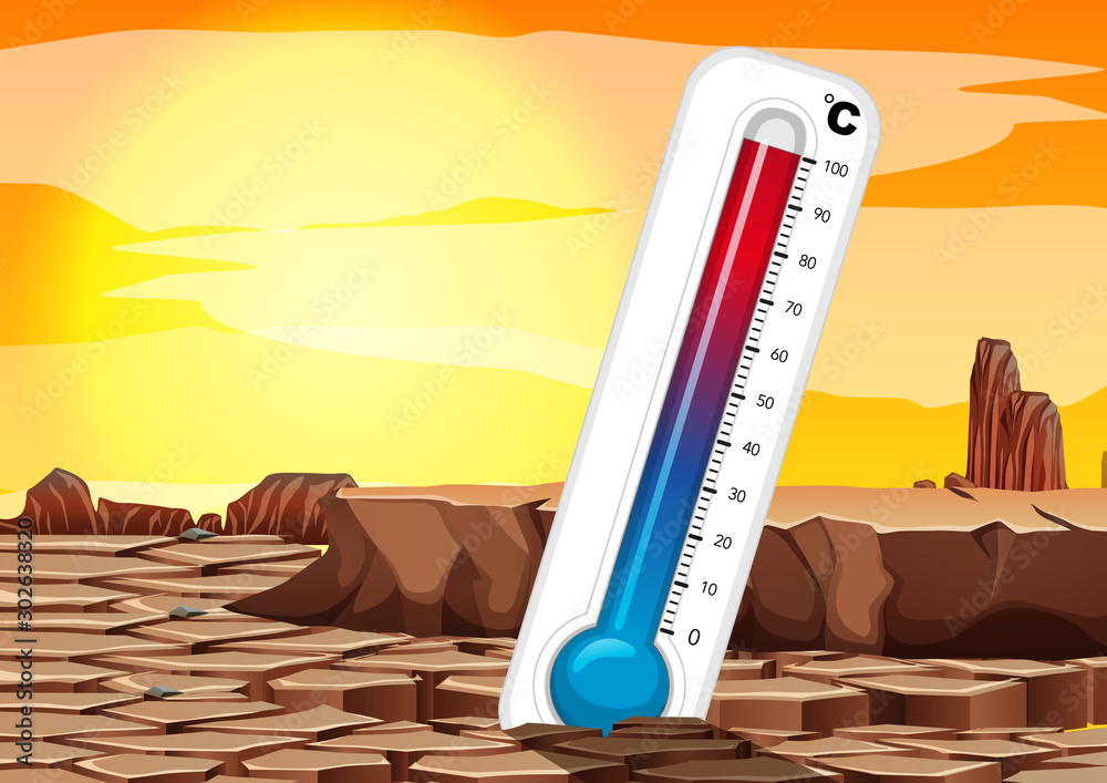 Global warming with thermometer in dry land
