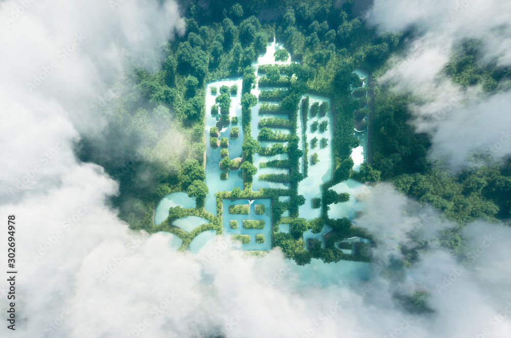 新绿色城市主义理念。在清新雨林中形成城市湖泊