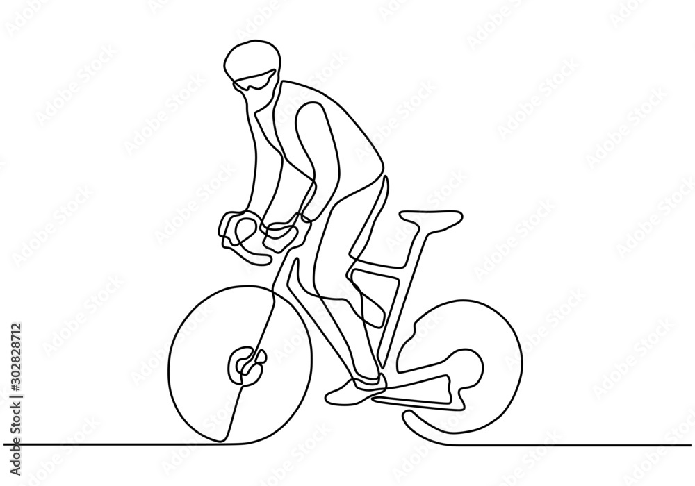 自行车铁人三项运动的连续单线图。自行车运动员或骑自行车的人在str上骑行