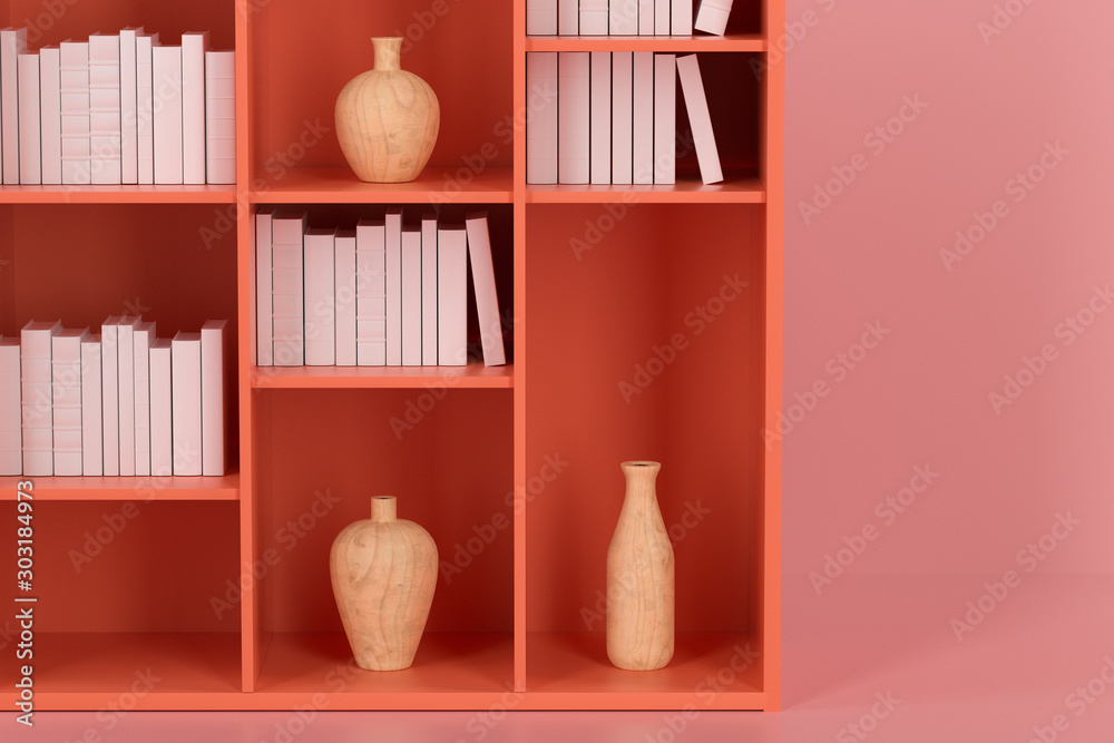 空荡荡的新房子里放着书和花瓶的橱柜，三维渲染。