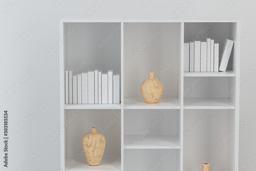 空荡荡的新房子里放着书和花瓶的橱柜，3d渲染。