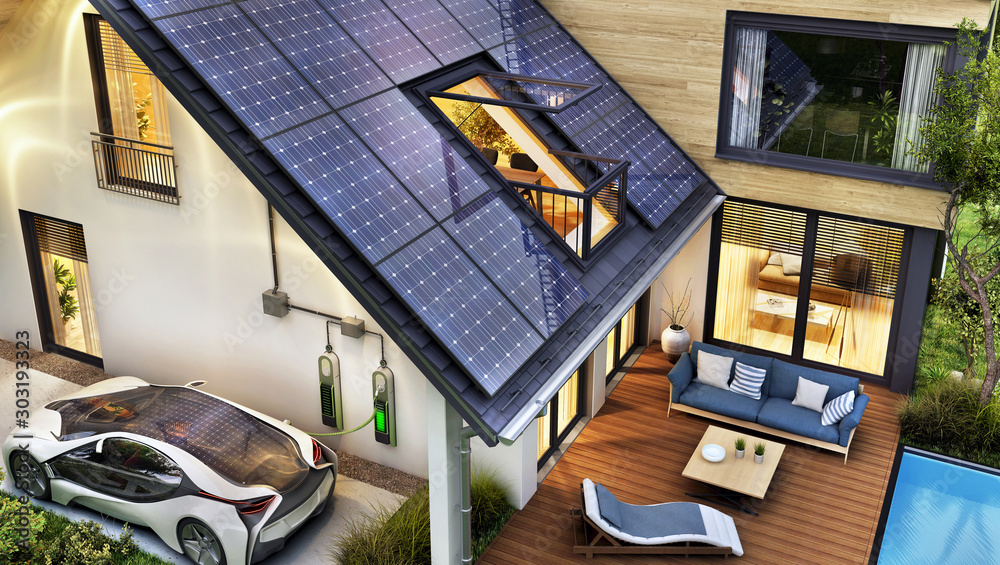 电动汽车和屋顶上有太阳能电池板的现代房子
