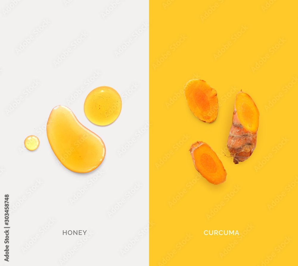 由蜂蜜、姜黄和柠檬制成的创意布局。平面布局。食品概念。宏观概念。