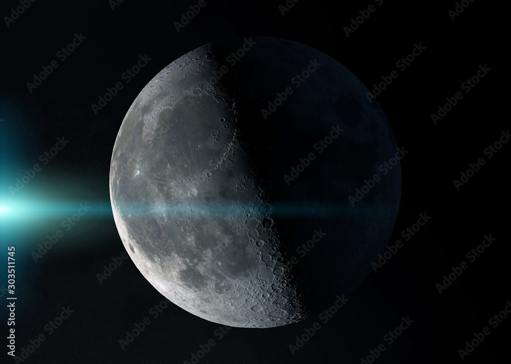 美国国家航空航天局提供的带有恒星的半个月球在太空中的视图此图像的3D渲染元素