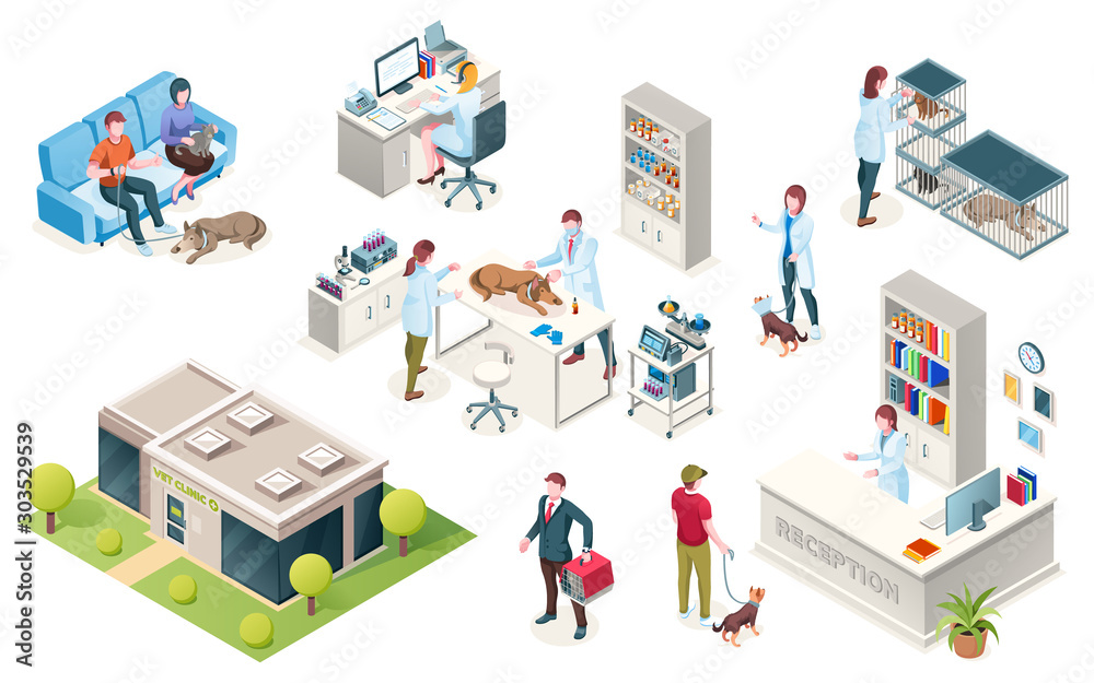 Veterinarian clinic, vector isometric icons of animal pets and doctors. People waiting doctor with d