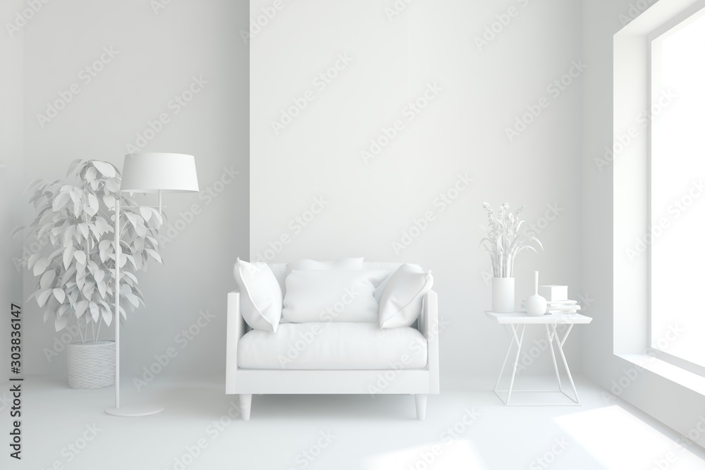 带扶手椅的白色时尚房间模型。斯堪的纳维亚室内设计。3D插图
