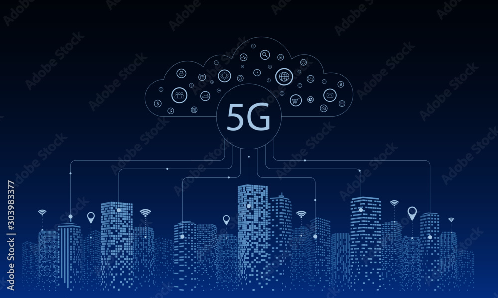 5G技术。云计算。通信智能城市。社交网络连接。商务bi